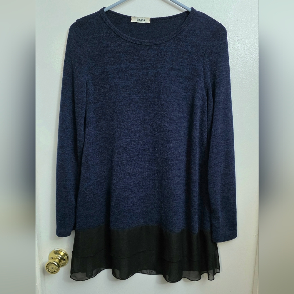 Éloges Lagenlook Tunic Top Navy Blue Chiffon Layered Hem Longsleeve Flowy